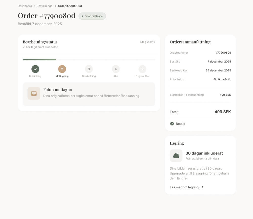 Trygga Minnen - Orderstatus