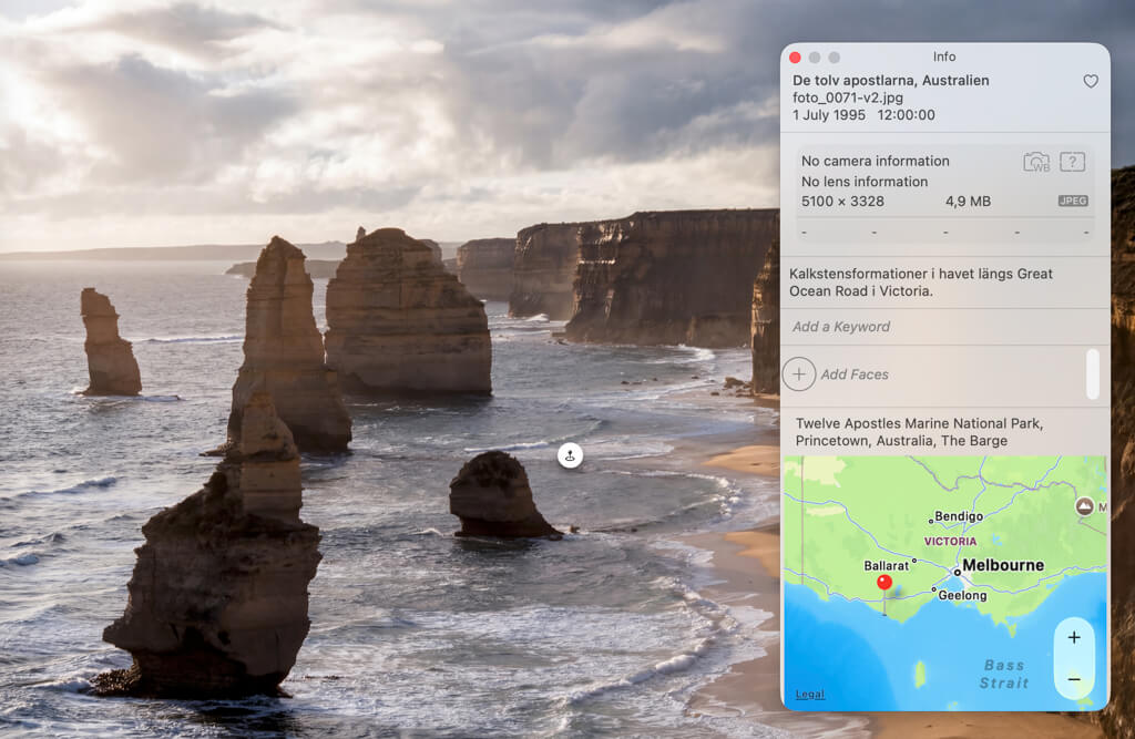 Foto med inbäddad EXIF-metadata — datum, plats och beskrivning visas i Apple Photos